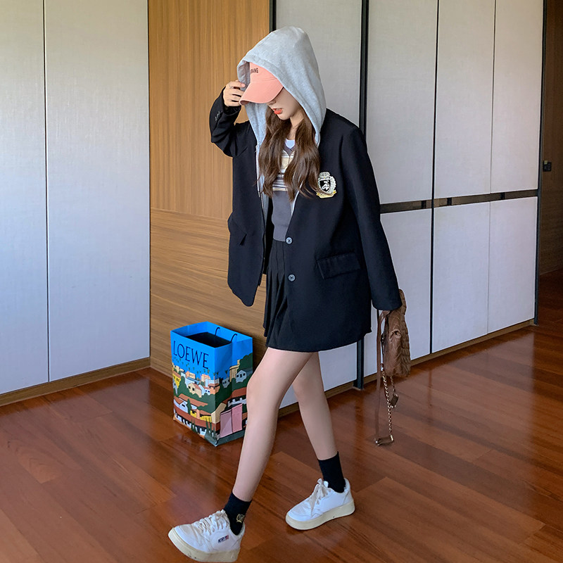 黑色假两件连帽西装外套女2025春秋季新款学院风时尚拼接休闲西服,女装西装,浙宝266