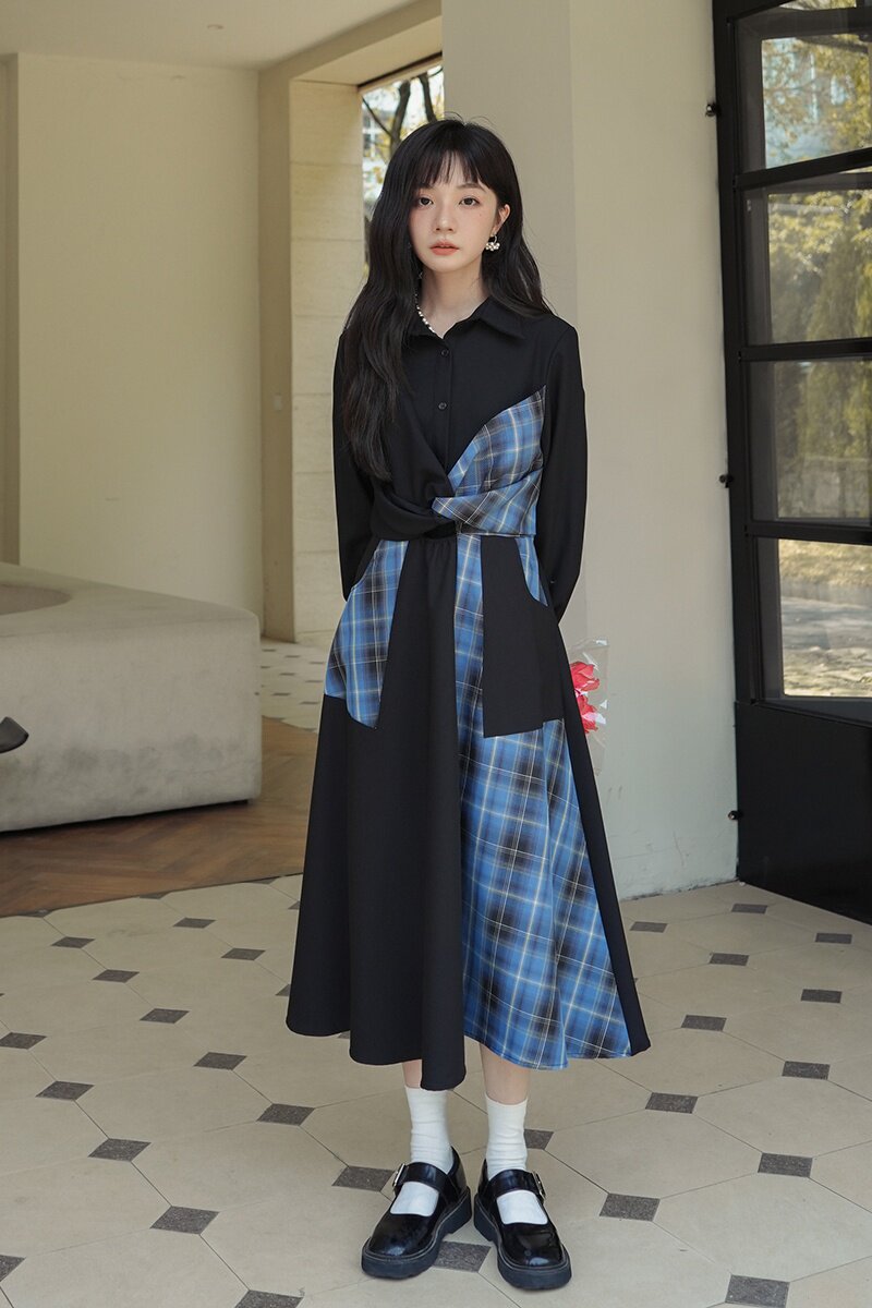 设计感小众不规则法式长袖连衣裙女春秋新款显瘦束腰格子大摆长裙,女装连衣裙,浙宝266