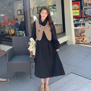 气质高级感穿搭马甲配黑色衬衫连衣裙女春秋2025新款轻熟长裙套装图片