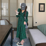 茶歇法式v领绿色碎花连衣裙女春秋2025新款气质女装高级感长裙子，女装连衣裙，浙宝266