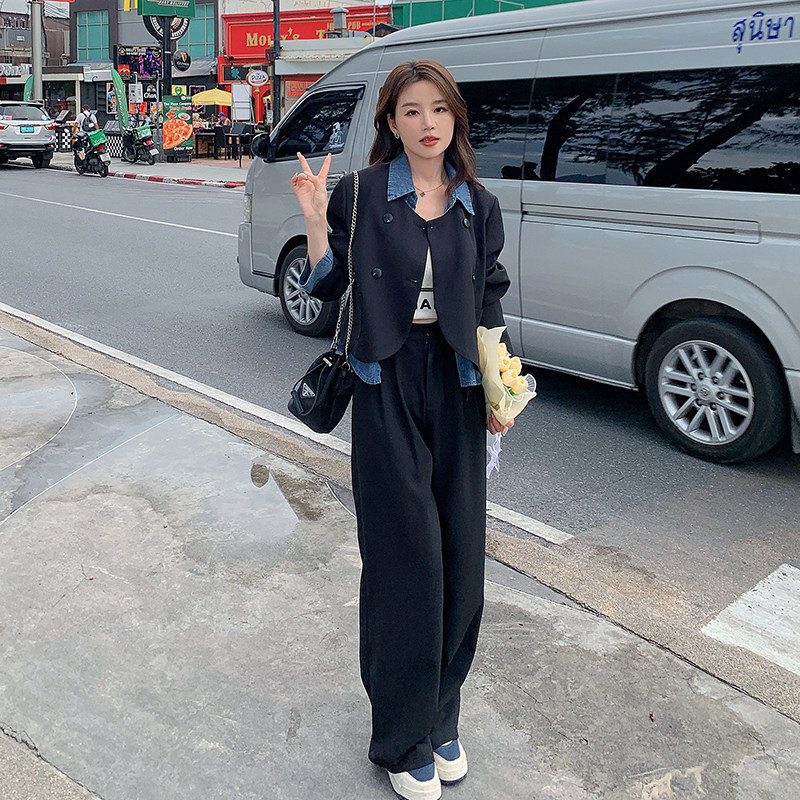 牛仔拼接休闲西装外套女春秋2025超火小众穿搭高级设计感西服套装,女装套装/套裙,浙宝266