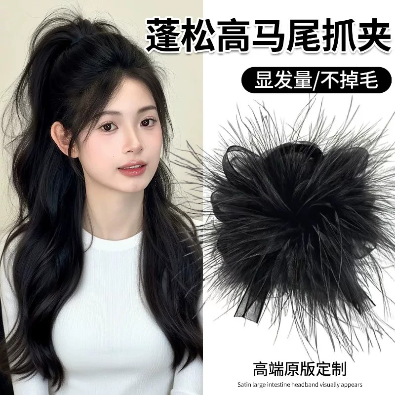 黑色羽毛抓夹女高级感大号鲨鱼夹显发量不掉毛懒人头饰