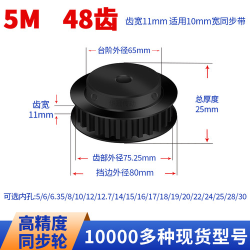 同步轮5M48齿钢发黑B齿宽11内孔8101214222425现货皮带同步带轮5M