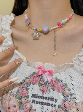 甜酷彩色多巴胺项链女糖果色星星长款流苏拼接锁骨链少女可爱颈链