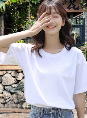 菲拉莉娅2025新款纯棉白色短袖t恤女宽松圆领半袖上衣打底衫ins