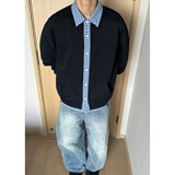 美式复古假两件卫衣开衫男秋季格子拼接设计感cleanfit慵懒风外套，男装卫衣，电商A440
