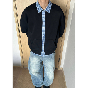 美式复古假两件卫衣开衫男秋季格子拼接设计感cleanfit慵懒风外套图片