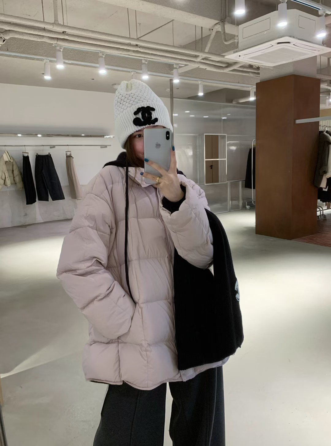 韩系2025新款冬季90白鸭绒羽绒服女粉色中长款连帽连帽拼接设计感