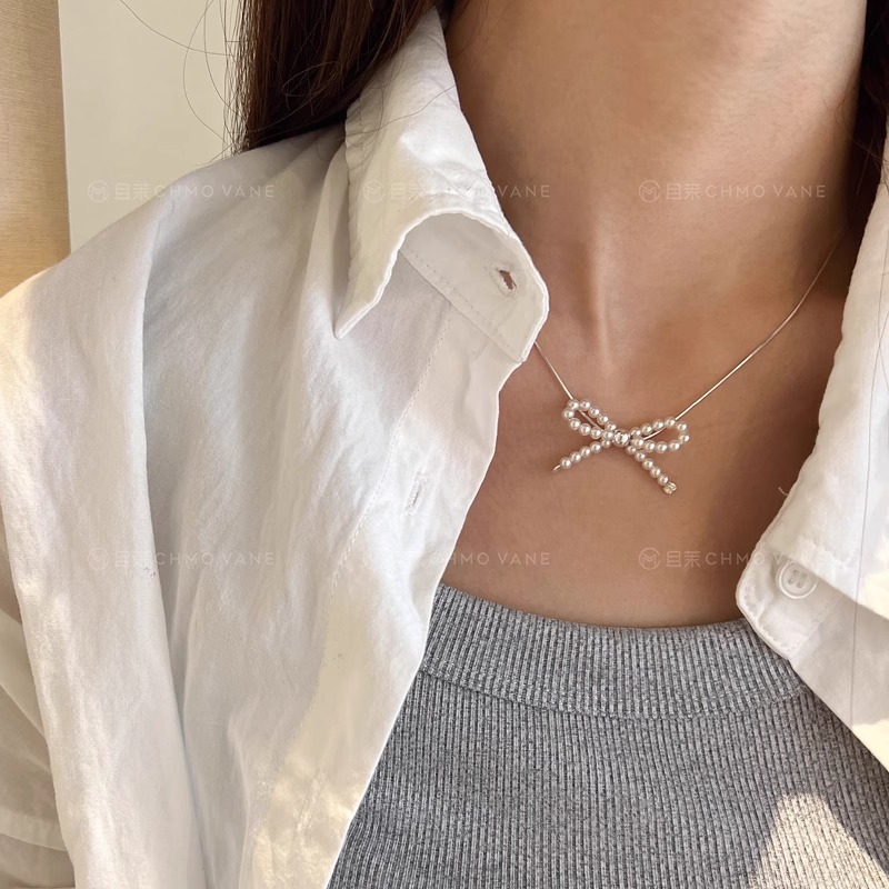 自留蝴蝶结项链925银锁骨链