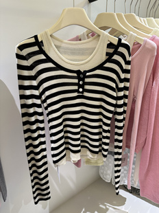 显瘦假两件长袖针织衫女春秋别致内搭打底衫减龄上衣 天丝 三色入