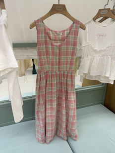 特价mmt女格纹系带背心连衣裙长裙粉色新款连衣裙格子吊带连衣裙