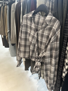 Pa2025秋季新款韩系翻领复古格子系带短款衬衫女宽松休闲百搭上衣