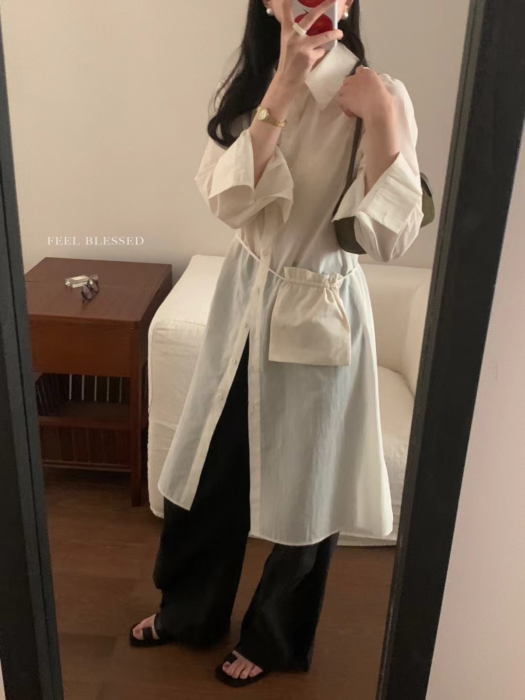 特价feelblessed天丝棉白衬衫女新款长袖中长款休闲衬衫裙