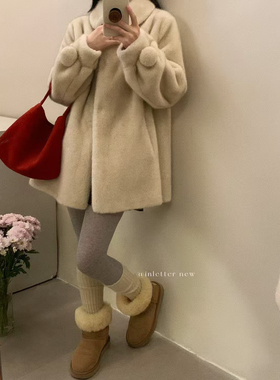 inletter冬季新款奶球貂仿貂绒水貂皮草外套中长款皮毛一体大衣女