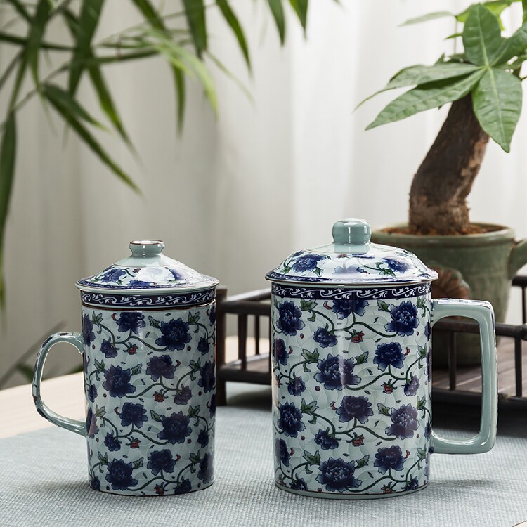 冠福陶瓷杯子青花瓷大号茶隔杯老板杯带盖水杯马克杯盖杯包邮