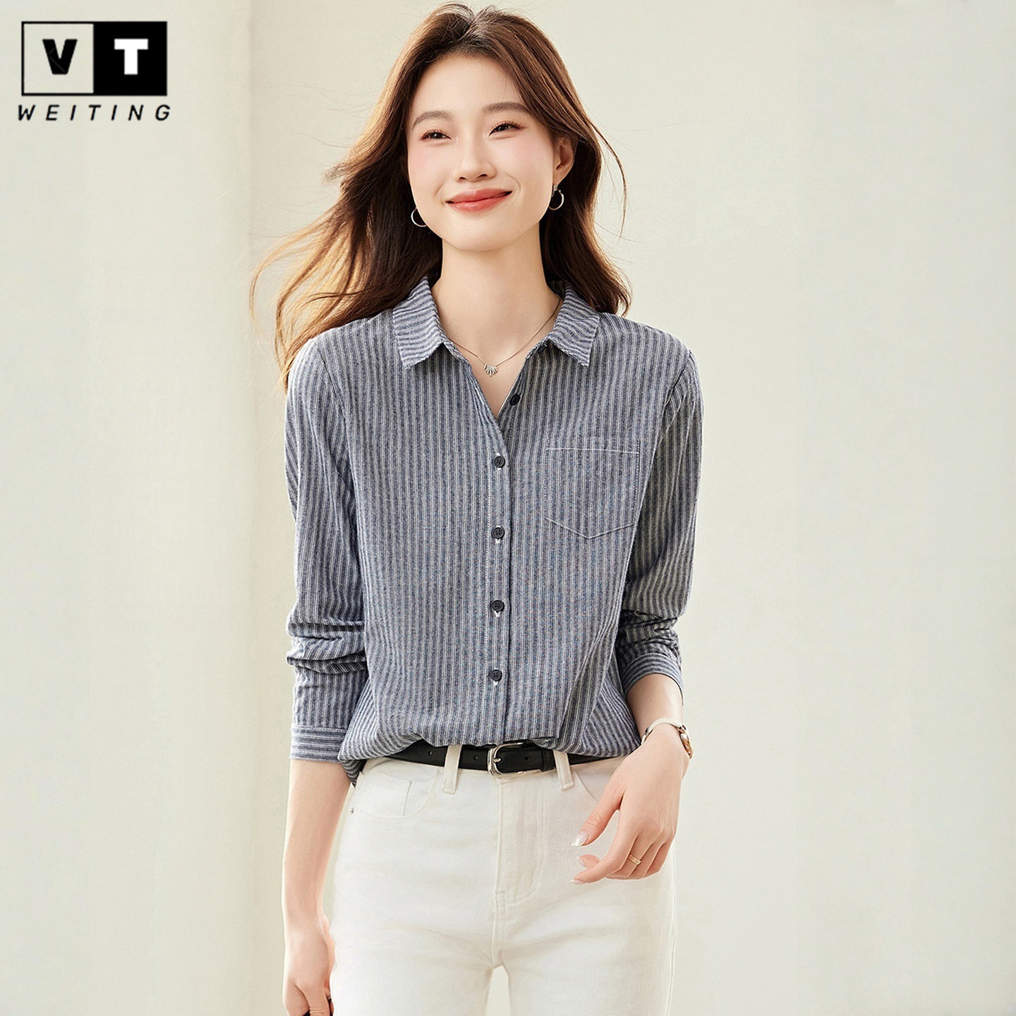 WEI TING条纹纯棉衬衫女短款秋装2025新款高级感全棉衬衣百搭上衣