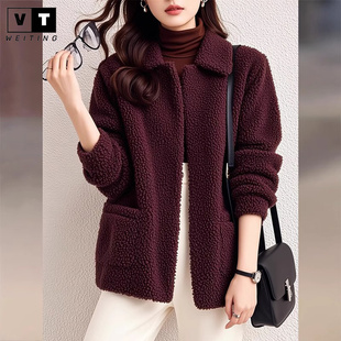 WEI TING安格拉红摇粒绒夹克外套女2025秋冬新款气质加厚保暖上衣