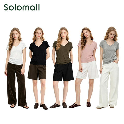 solomall AMV柔感竹节拉短毛舒适轻透气薄宽松休闲V领女短袖T恤