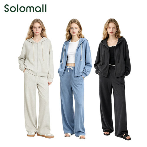 SOLOMALL AMV同款半度松弛简约时尚连帽外套+休闲直筒裤子套装薄