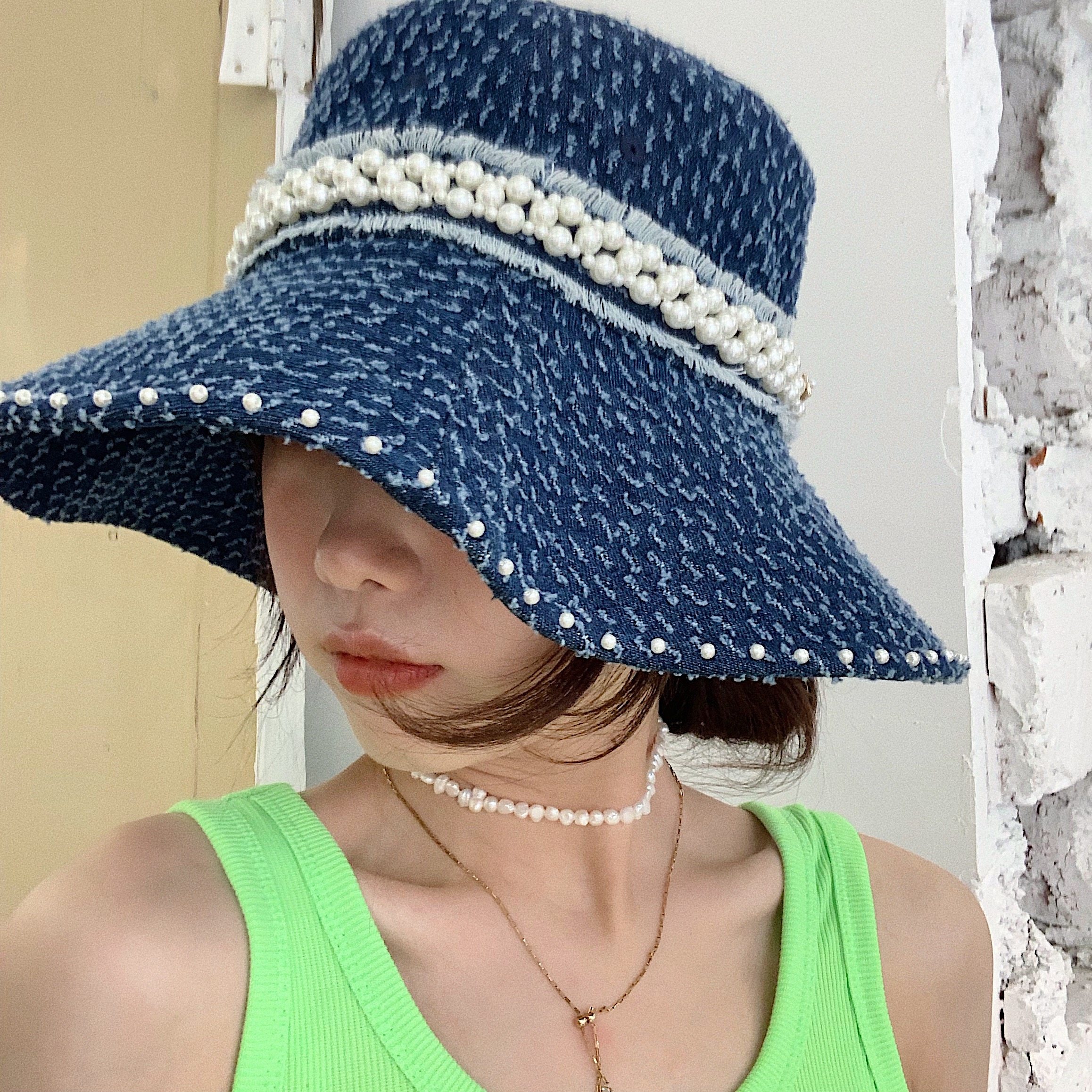 Balloon ss 设计师 珍珠装饰牛仔色渔夫帽 遮阳帽盆帽手缝渔夫帽