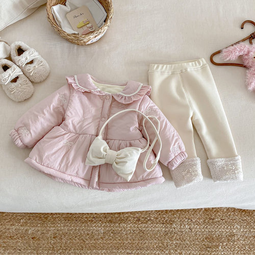 点兮2025冬季新款婴幼儿绗棉外套套装女宝加绒加厚开衫裤子两件套