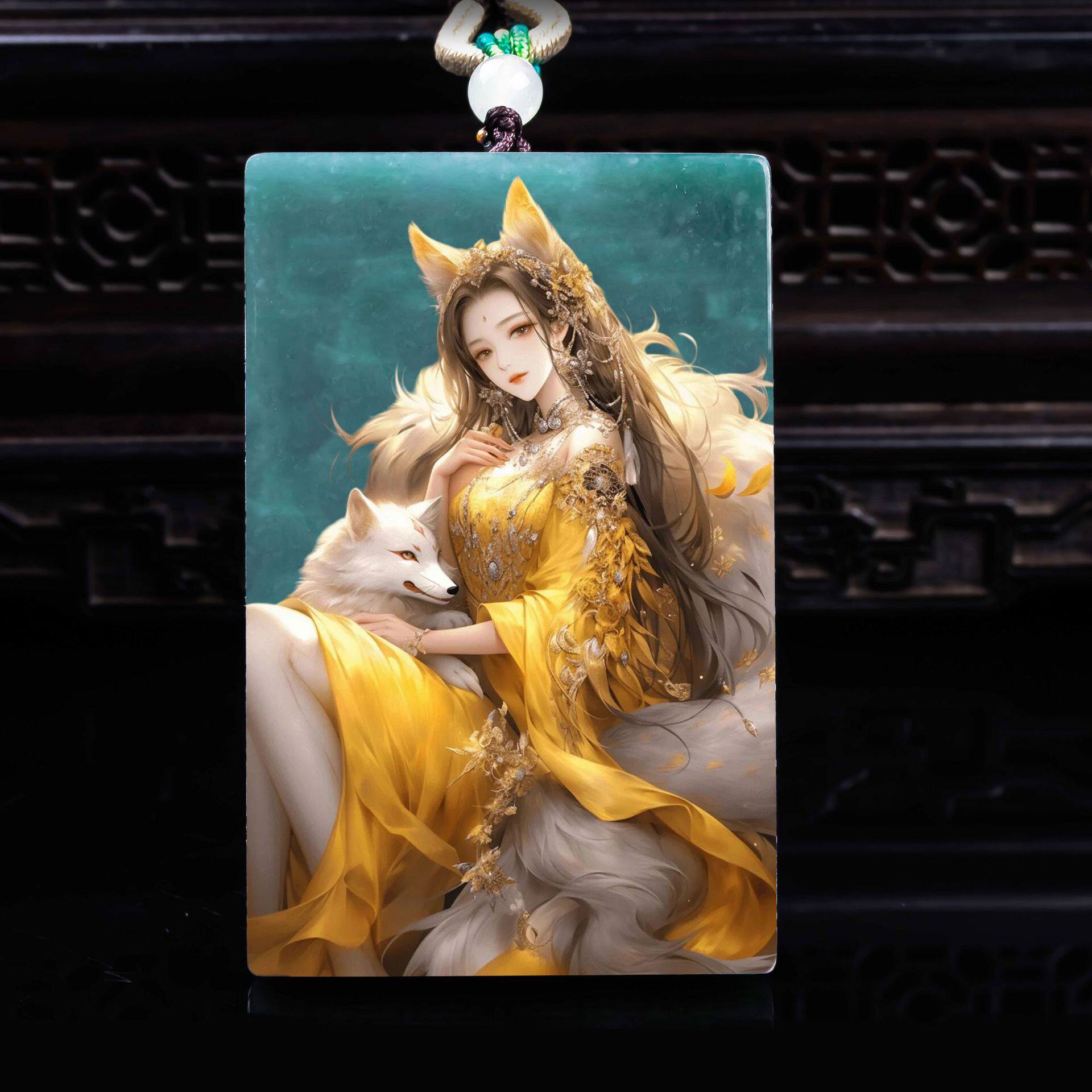 天然A货翡翠九尾狐仙精工超清喷绘高冰种老玉石吊坠挂件玉佩玉美