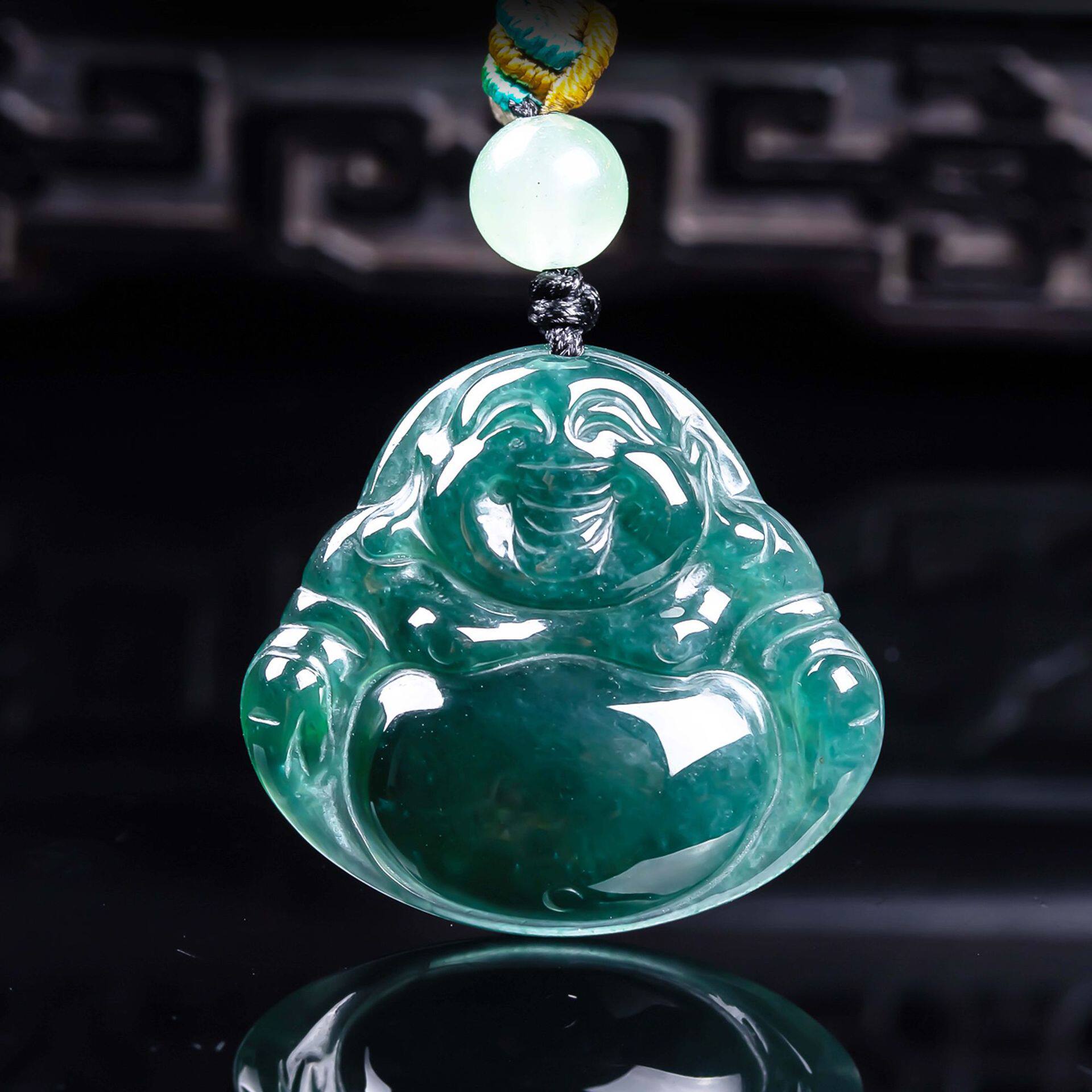 天然a货翡翠蓝水笑口常开精工佛公玉石种老高冰挂件吊坠玉佩玉美