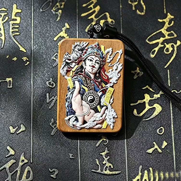 雷击枣木无事牌白鹤童子立体彩绘精雕挂件吊坠朱砂双面雕刻木制品