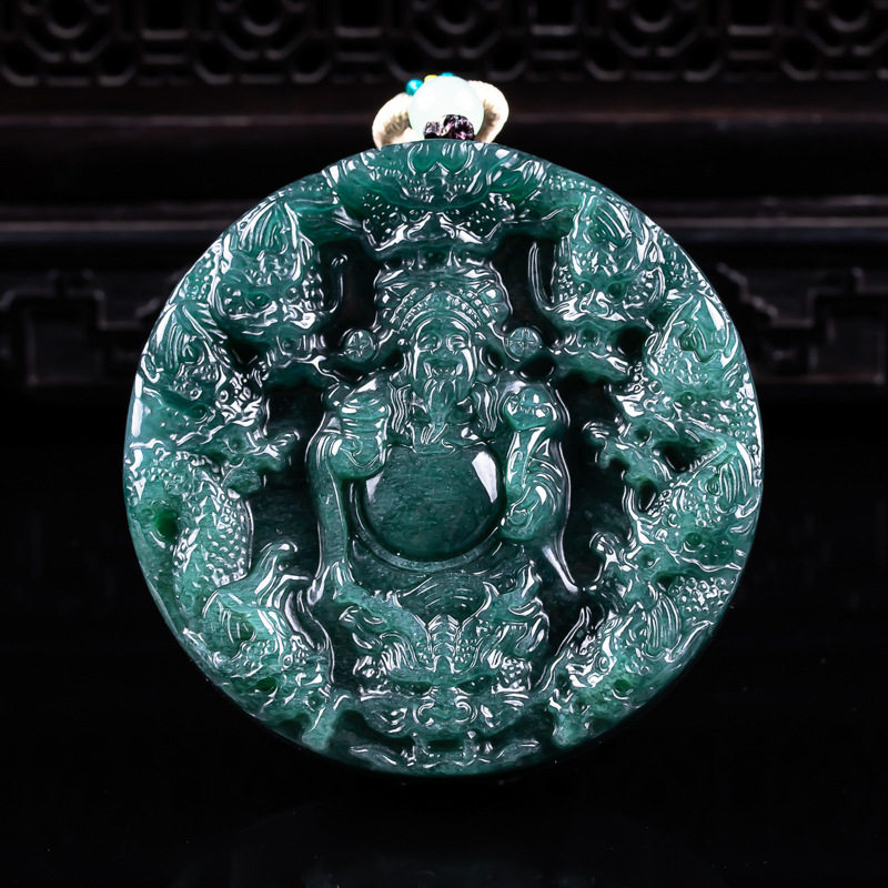 天然A货翡翠立体九龙财神牌玉石种老高冰挂件吊坠玉美翠玉