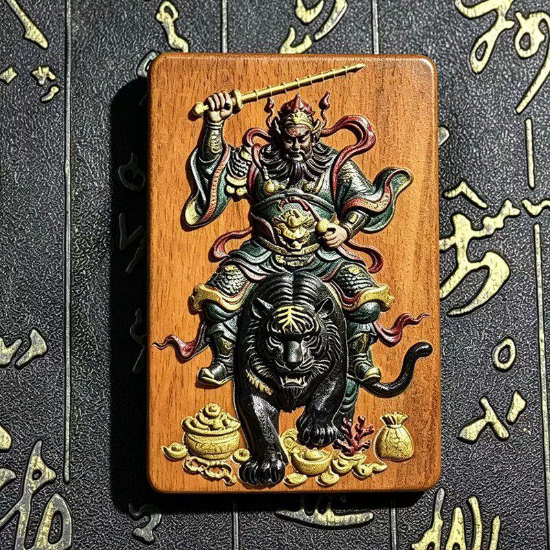 雷击枣木无事牌财神赵公明立体彩绘精雕挂吊坠朱砂双面雕刻木制品