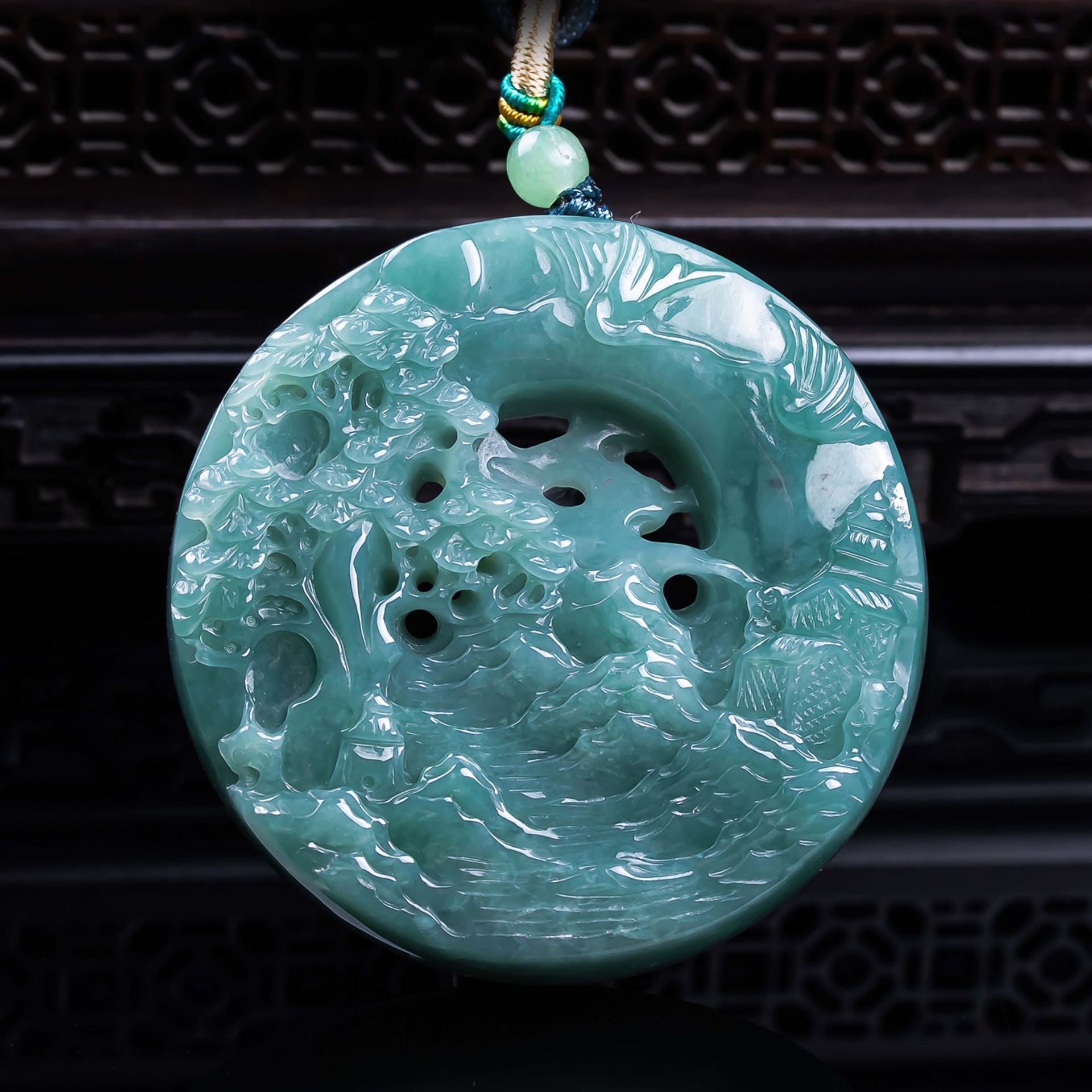 天然a货翡翠江山如画加厚精工玉石种老高冰挂件吊坠玉佩玉美
