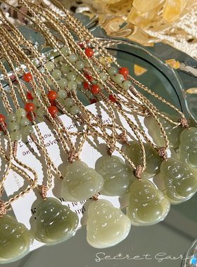 新疆天然和田玉吊坠弥勒佛编绳项链女款项链玉石玉坠送闺蜜女友