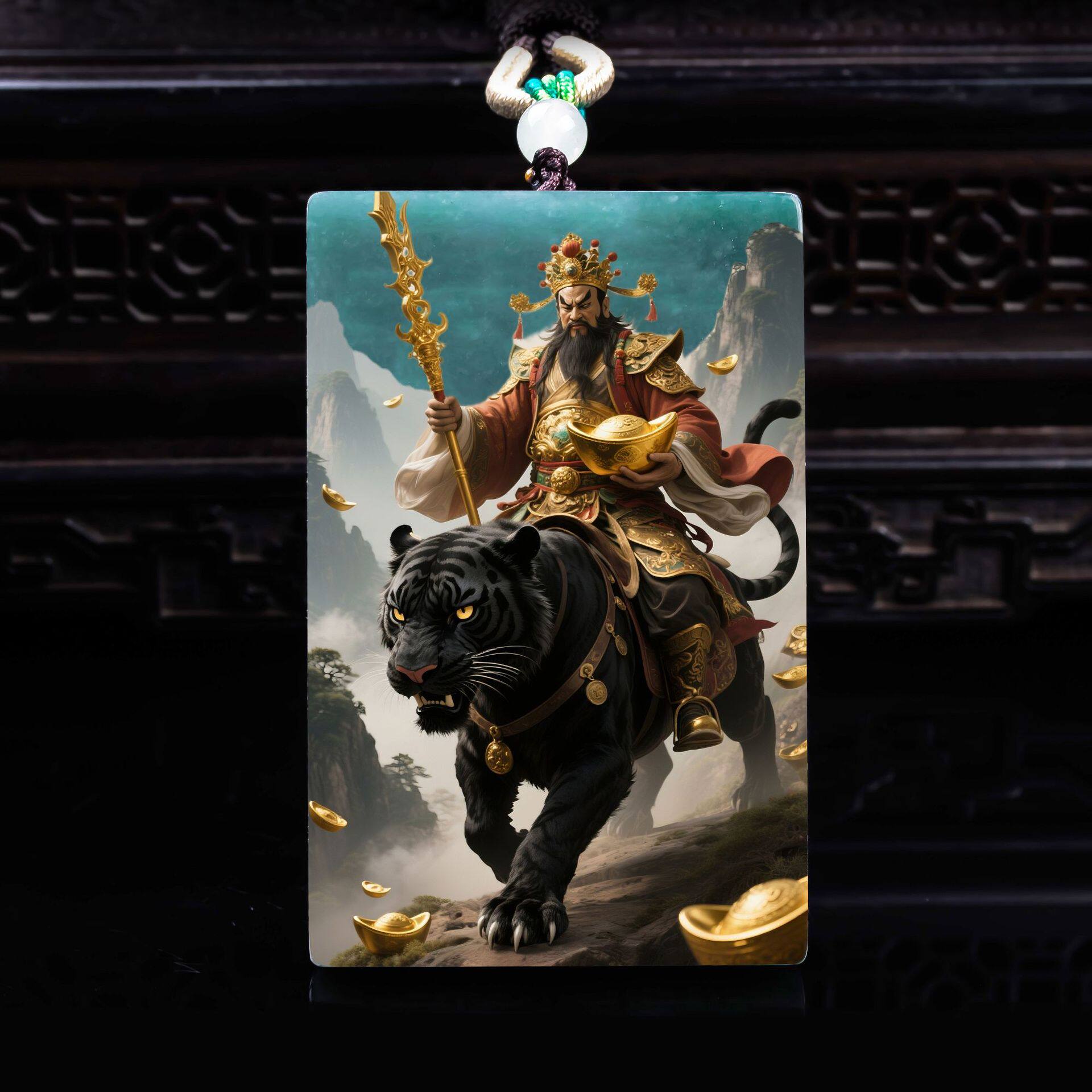 天然A货翡翠武财神赵公明精工超清喷绘高冰种老玉石吊坠挂件玉美