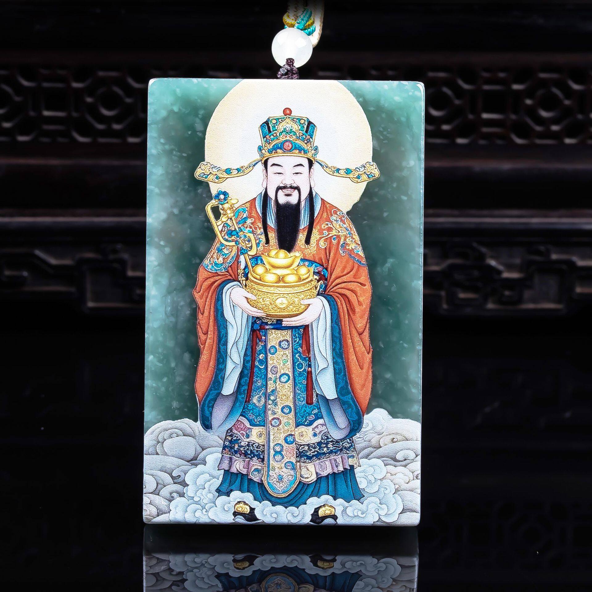天然A货翡翠五路财神蓝水双面精工超清喷绘高冰玉石吊坠挂件玉美