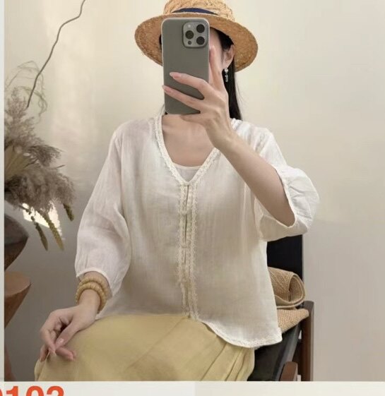 新款韩版宽松显瘦百搭V领女设计纯麻女上衣9103