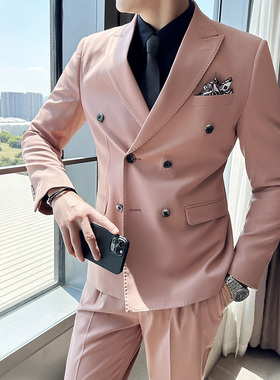 双排扣西服男套装时尚粉红色主持人结婚宴会礼服潮流痞帅修身西装