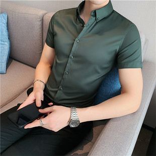 修身 短袖 衬衣男免烫冰丝薄款 商务职业衬衫 夏季 墨绿色痞帅半袖 正装