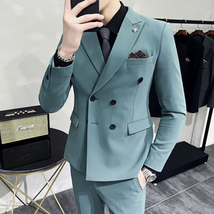 亮色结婚艺考小西装 潮流演出主持人礼服时尚 男修身 双排扣西服套装