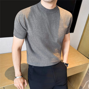 薄款莫代尔羊毛高级感针织短袖男t恤夏季老钱风收口袖圆领打底衫