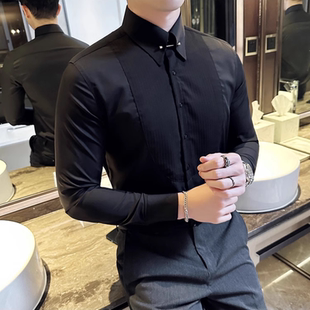 塔士多新郎正装领针装饰衬衫男褶皱设计长袖宴会结婚礼服免烫衬衣