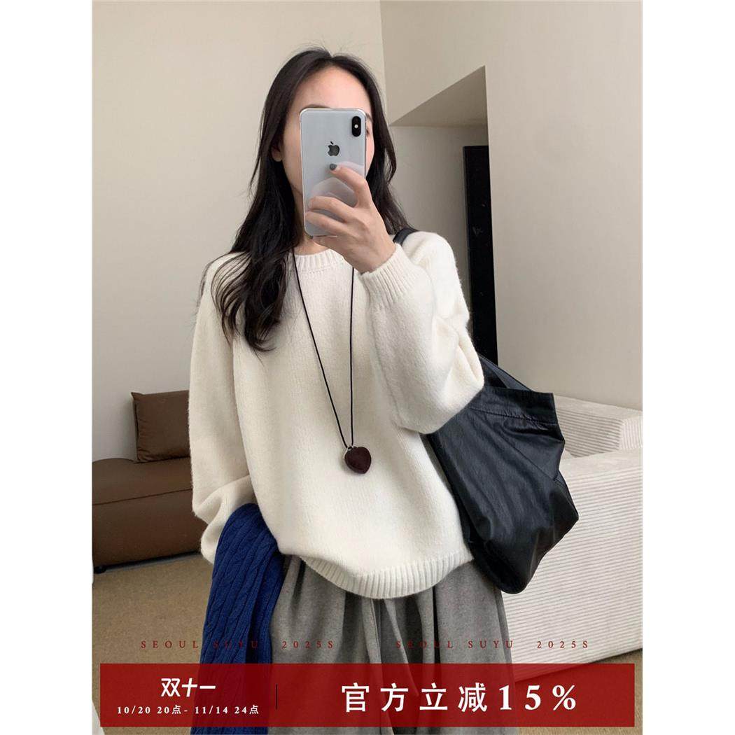 韩系休闲风加厚圆领套头上衣女2025秋冬新款简约纯色通勤百搭毛衣