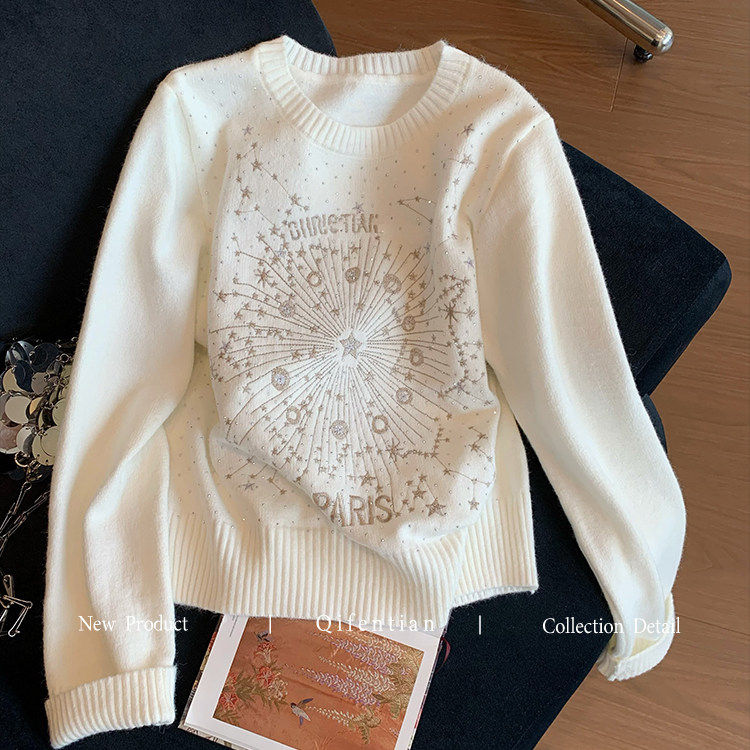 小香风重工星星刺绣烫钻毛衣女2025秋冬新款设计感时髦软糯针织衫
