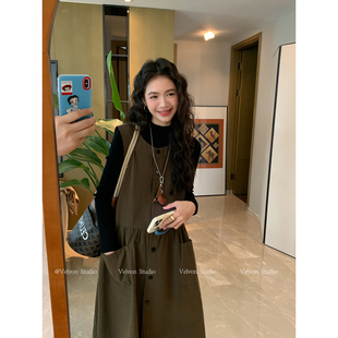 【陈格格】日杂松弛感~复古休闲大口袋单排扣宽松叠穿无袖背心裙