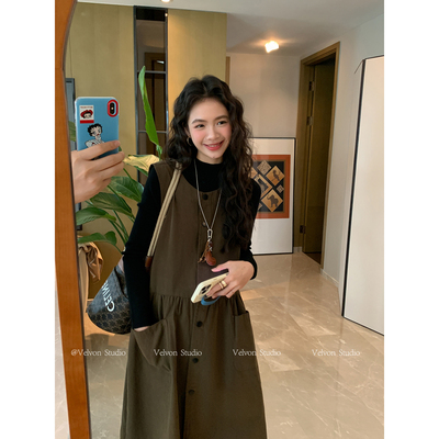 【陈格格】日杂松弛感~复古休闲大口袋单排扣宽松叠穿无袖背心裙