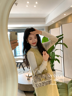 【陈格格】心动符号~软软半高领好气色柠檬黄香香编织流苏背心裙