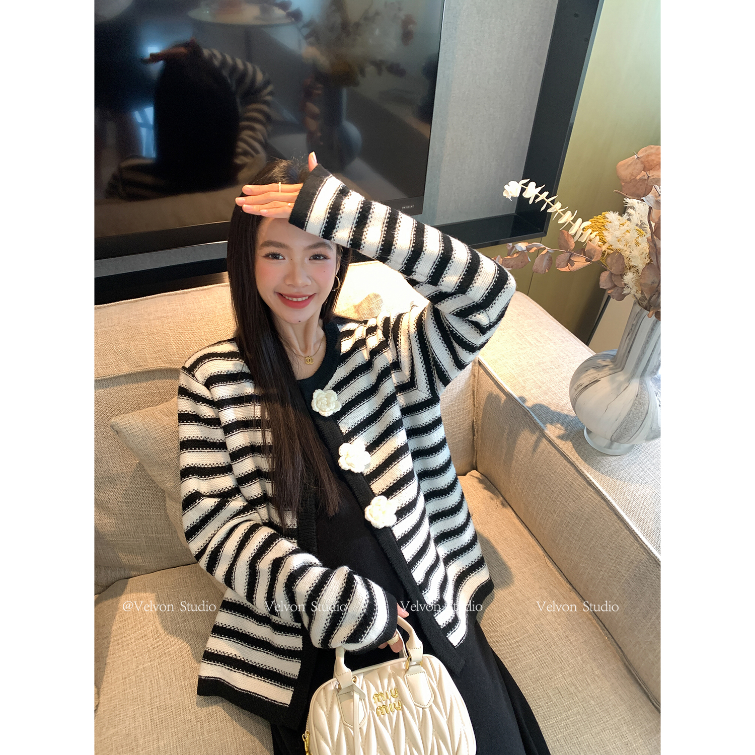 【陈格格】山茶花小香~条纹钩花针织开衫上衣精致毛衣外套