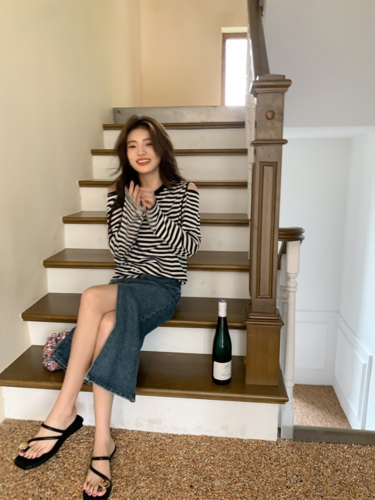 长袖条纹t恤上衣露肩圆领