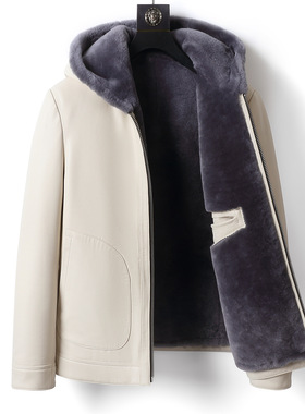 冬季皮毛一体男士外套连帽真皮皮衣绵羊皮夹克加厚羊羔毛皮草大衣