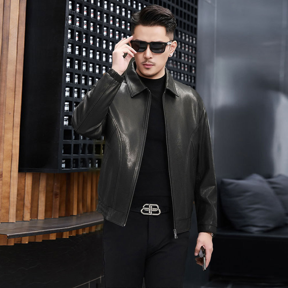 新款美式复古翻领皮衣外套男黑色休闲夹克海宁绵羊皮真皮皮夹克