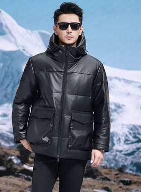 男士真皮羽绒服外套冬季保暖鹅绒内胆加厚休闲头层小牛皮连帽皮衣